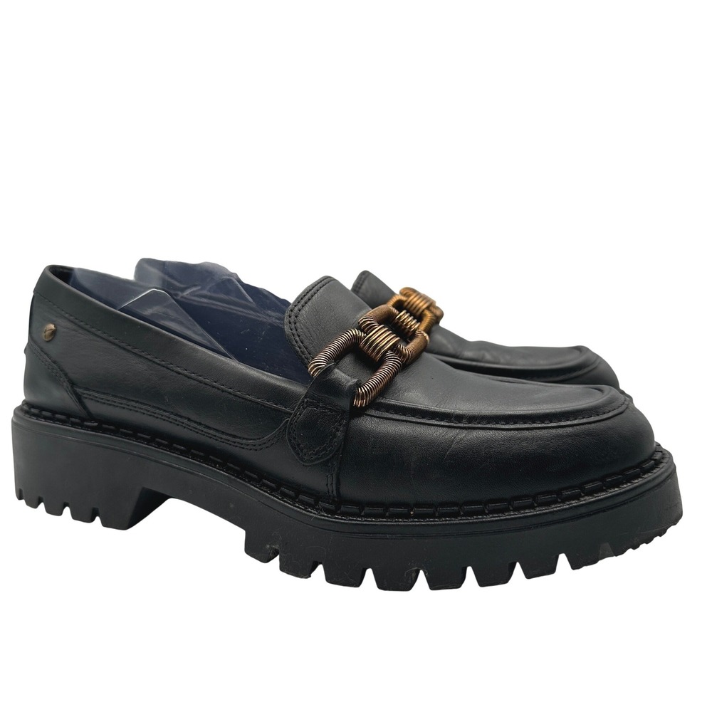 Pikolinos Black Leather Chunky Lug Sole Chain Loafers Size 8.5 EU 39 Preppy Goth